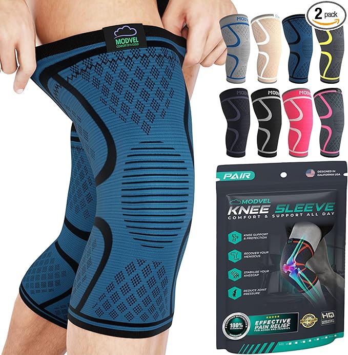 Modvel 2 Pack Knee Brace for Women & Men - Workout Knees Compression Sleeve for Knee Pain Relief Joint Support for ACL, Arthritis, Meniscus Tear Knees Brace for Sports, Rodilleras para Gym Fitness