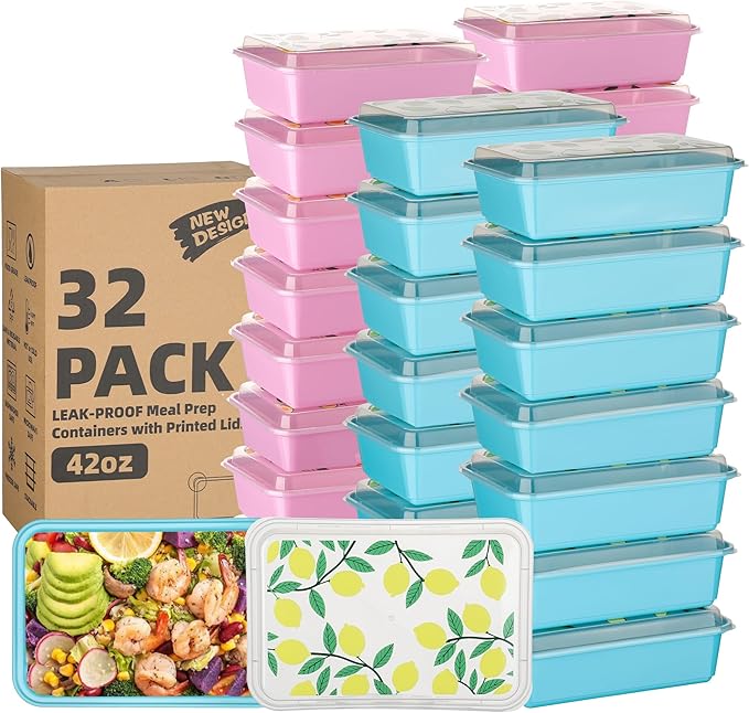 32 Pack 42 oz Meal Prep Containers, Reusable Plastic Food Prep Storage Containers with Printed Lids, Stackable, Leakproof, Microwave & Freezer & Dishwasher Safe,To Go Take Out Box, Lemon