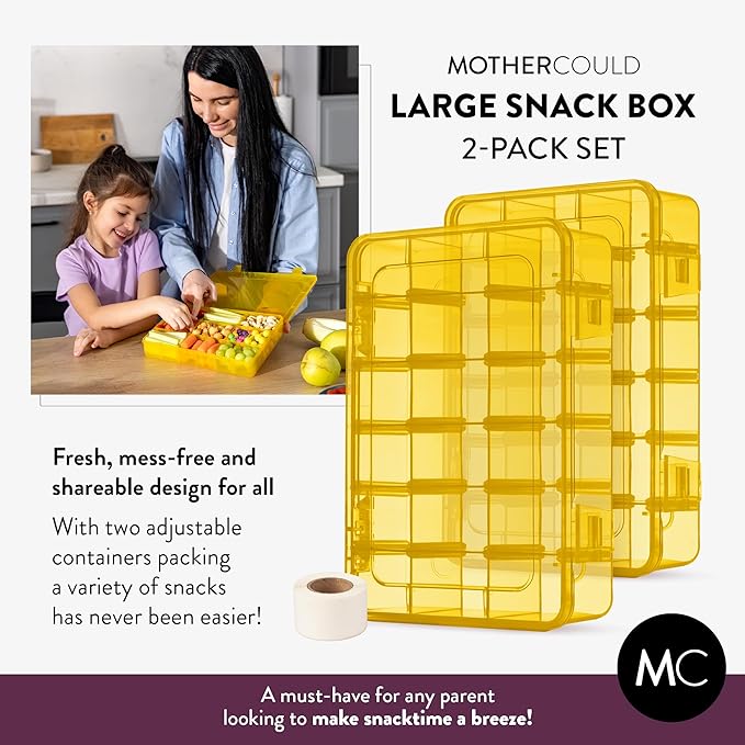 Large Kids Snack Box Containers Set of 2 -100 Labels, BPA-Free, Adjustable Compartments, Dishwasher Safe, Reusable Tray, Food Grade, Meal Prep Container, PARENT TESTED PARENT APPROVED AWARD (Yellow)