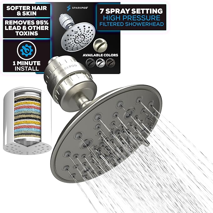 SparkPod Luxury Filtered Shower Head Set 23 Stage Shower Filter - Reduces Chlorine and Heavy Metals - High Pressure Showerhead Filter (8" Round, Elegant Brushed Nickel)