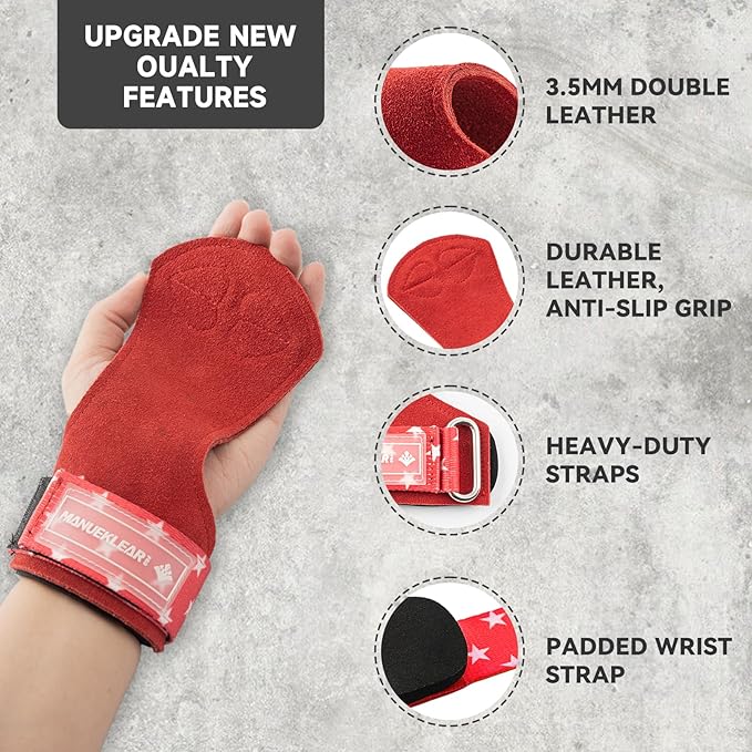 MANUEKLEAR Gym Straps Weight Lifting, Double Leather Lifting Straps for Men Deadlift with Cushion Wrist Loop, Gym Lifting Wrist Wraps for Weightlifting