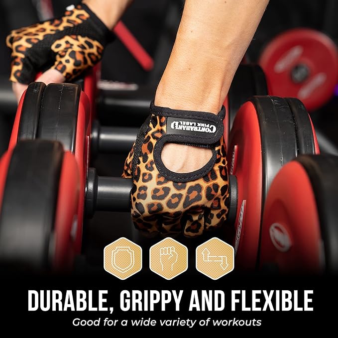 5297 Womens Design Series Leopard Print Lifting & Rowing Gloves (Pair) - Lightweight Vegan Medium Padded Microfiber Amara Leather w/Griplock Silicone