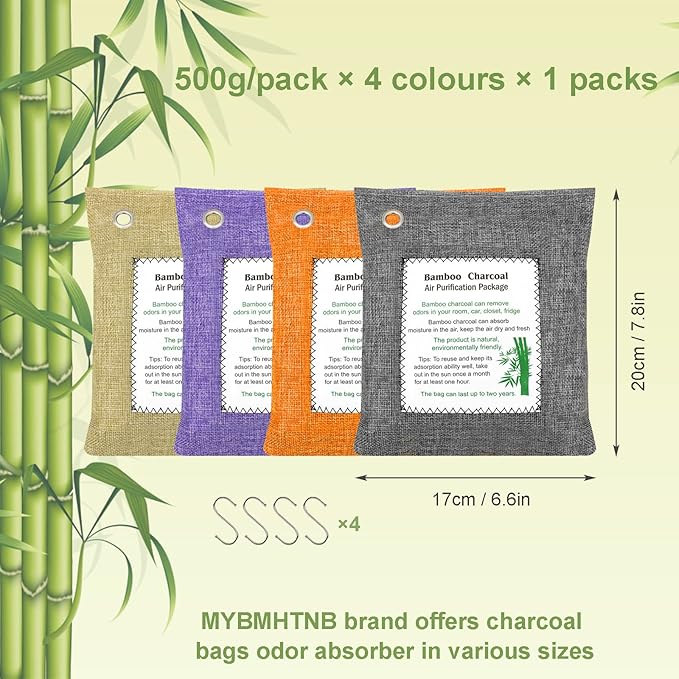 Bamboo Charcoal Bags Odor Absorber 4 Pack×500g Bamboo Charcoal Air Purifying Bags, for Car Air Fresheners, Odor Eliminator for Home,Shoe Deodorizer - Colorful-Activated Charcoal Odor Absorbers