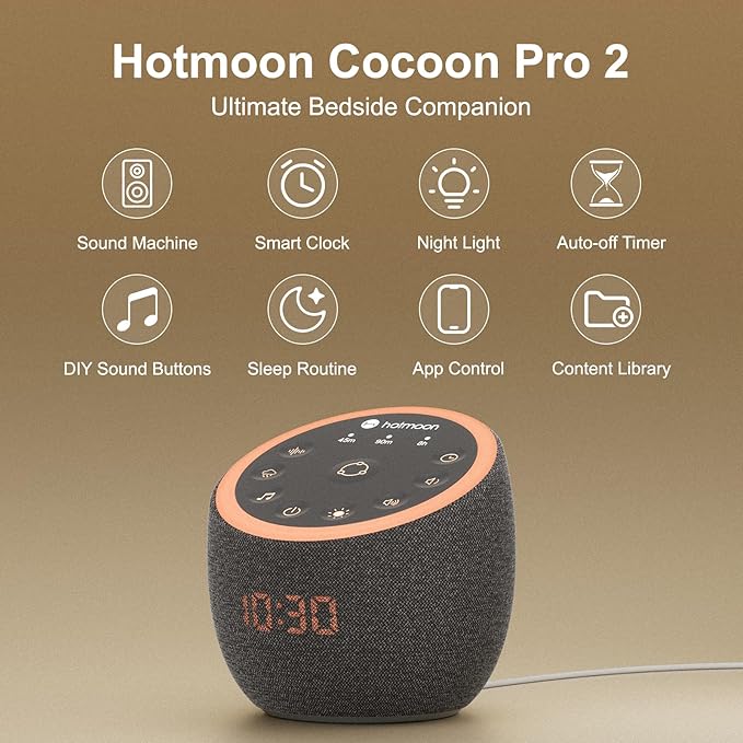 Hotmoon Cocoon Pro 2 Sound Machine 388 Soothing Sounds for Babies & Adults, Smart Night Light, Sleeping Timer, App Control, White Noise Green Noise Maker, Nature Rain Ocean Sound, Plug-in