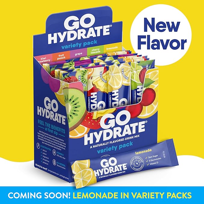 GoHydrate Low Sodium Electrolytes Powder Packets Sugar Free - Instant Hydration Daily Drink Mix - Zero Sugar Water Flavor Packet Singles with Vitamin D - (Variety Pack, 30 Packs)