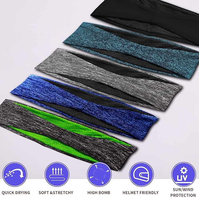 Braylin 5-Pack Breathable Sport Headbands for Men, Sweat-Wicking, Elastic Stretch