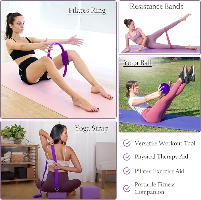 Pilates Ring Set – Magic Circle with Dual Padded Handles, Mini Exercise Ball & 5 Resistance Bands | Pilates Kit for Women | Home Workout Equipment for Full-Body Training & Fitness Set
