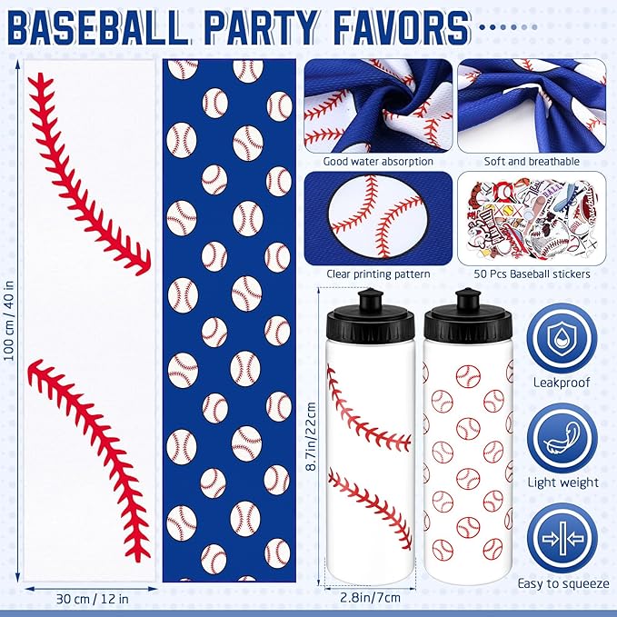 12 PCS 20 Oz Baseball Water Bottles & Cooling Towels Set with 50 Stickers for Sports Events & Gifts