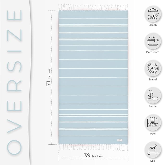 Turkish Beach Towel Absorbent & Lightweight Extra Large (39" x 71") - Quick Dry, Versatile and Functional as - Bath Sheet, Yoga Mat, Pool and Swim Towel, Travel Blanket - Aqua Blue