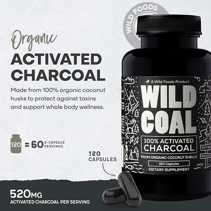 Wild Foods Activated Charcoal Capsules | 100% Organic Coconut Shells Active Tablets for Bloating & Hangover | Lab Tested & Non-GMO Detox Pills | Made in USA (120 Capsules)