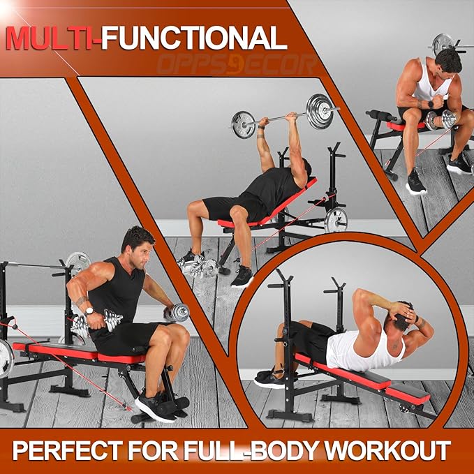 OPPSDECOR 8-in-1 Foldable Weight Bench Set with Squat Rack, Adjustable Bench Press Home Gym System for Full-Body Workout, Flat Incline Decline Sit Up Bench with Removable Foot Catch & Elastic Ropes