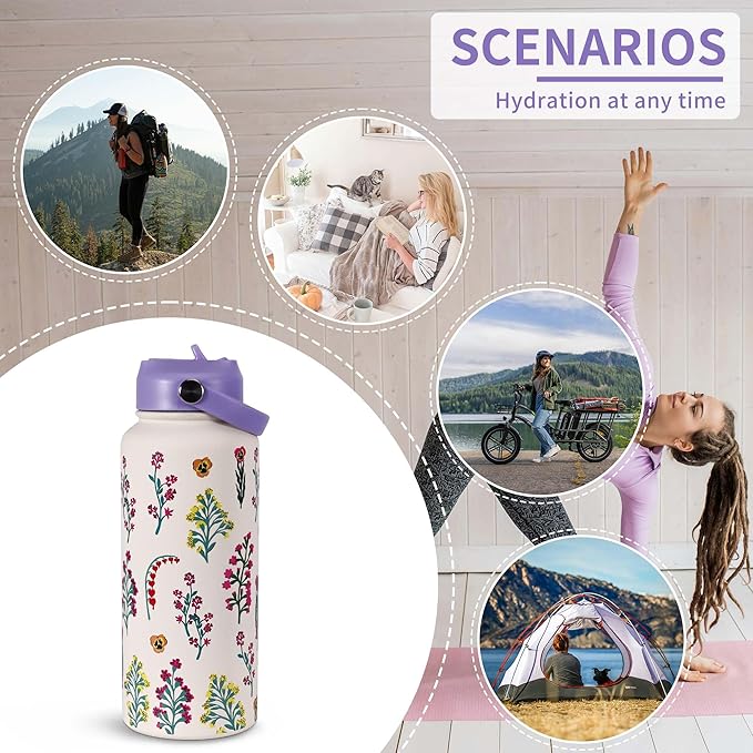 Goetland Flowers Water Bottle Beverage Bottle with Straw Lid 32 oz Stainless Steel Wide Mouth Vacuum Insulated Cute UV Printing Leak Proof For Women Girls Kids Purple