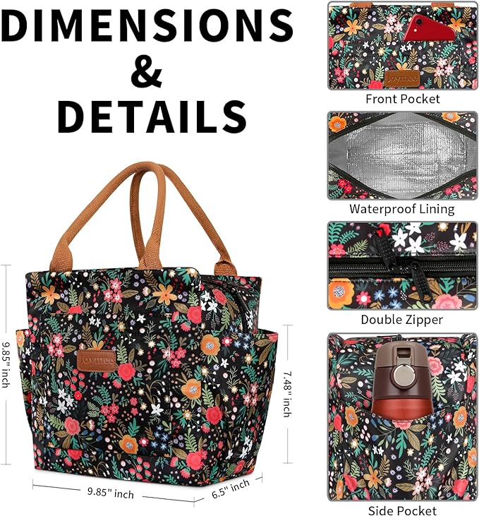 Joymee Lunch Bag Women Insulated Lunch Box Reusable Leakproof Large Spacious Cooler Tote for Womens Mens Adults with Bottle Holder and Side Pockets for Work Office Travel Picnic - Multi-Floral