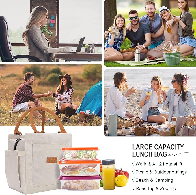 Joymee Lunch Bag Women Insulated Lunch Box with Adjustable Shoulder Strap Large Reusable Leakproof Spacious Cooler Tote for Women Men Adult with Bottle Holder and Side Pockets - Beige