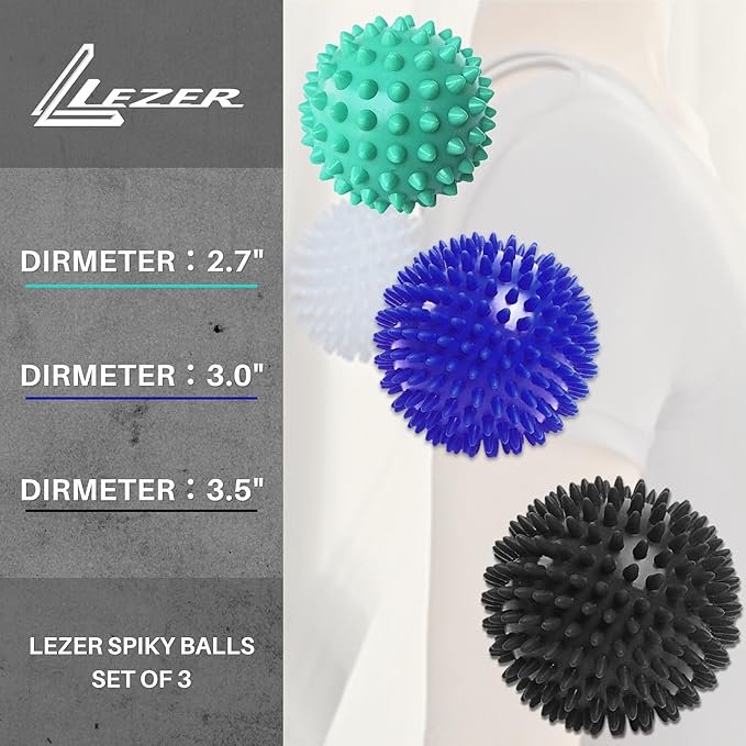 LEZER Spiky Massage Ball, Trigger Massage Point, Plantar Fasciitis, Deep Tissue Myofascial Release Tool, Foot Massager, Muscle Knot Relief, Physical Therapy, Set of 3