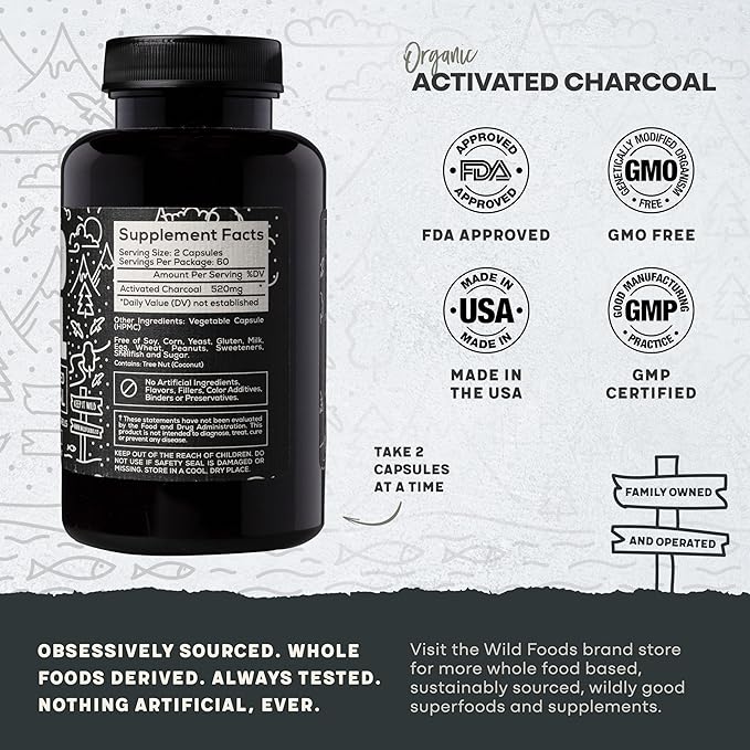 Wild Foods Activated Charcoal Capsules | 100% Organic Coconut Shells Active Tablets | Lab Tested & Non-GMO Detox Pills | USA (Three Bottles - 120 Capsules)