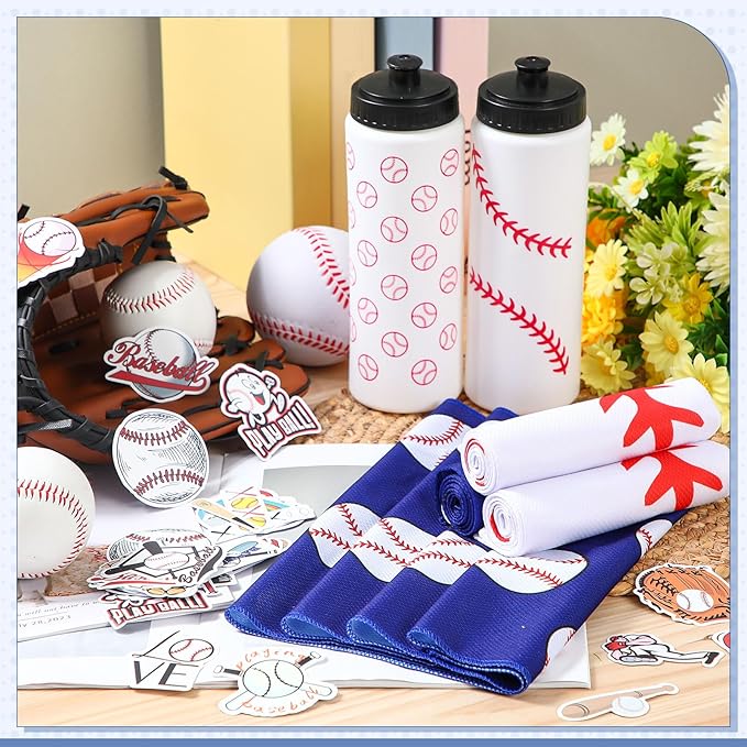 24 Pcs Baseball Water Bottle Baseball Cooling Towel Set with 50 Sticker Sports Party Favors Include 6 Reusable Sports Squeeze Water Bottle 6 Ice Towel Breathable Fast Drying for Team Gifts