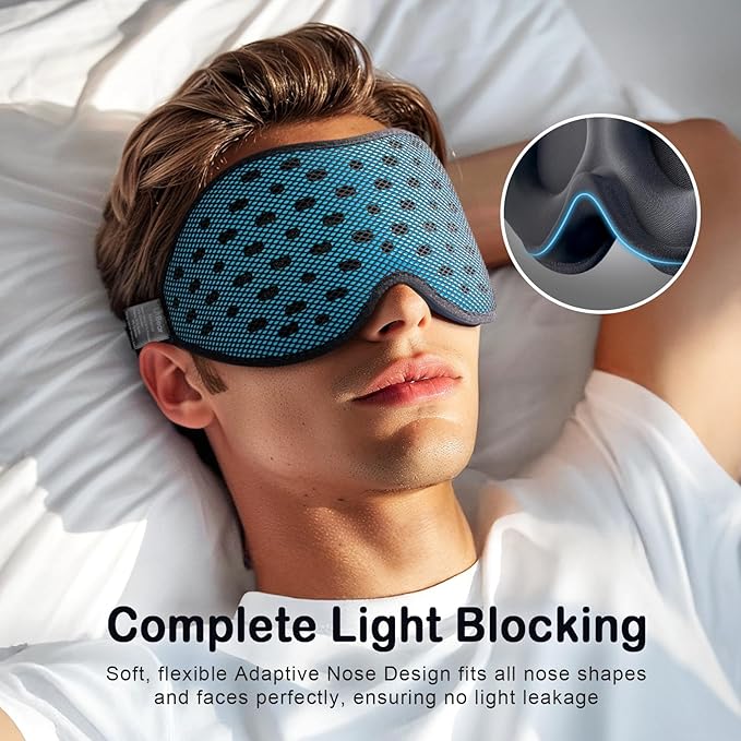 LitBear Breathable Sleep Mask, 3D Eye Mak Sleep for Side Sleepers Women Men, Light Blocking Sleeping Mask with Adjustable Strap, Soft Lightweight Eye Cover for Travel, Night Work, Nap, Office - Blue