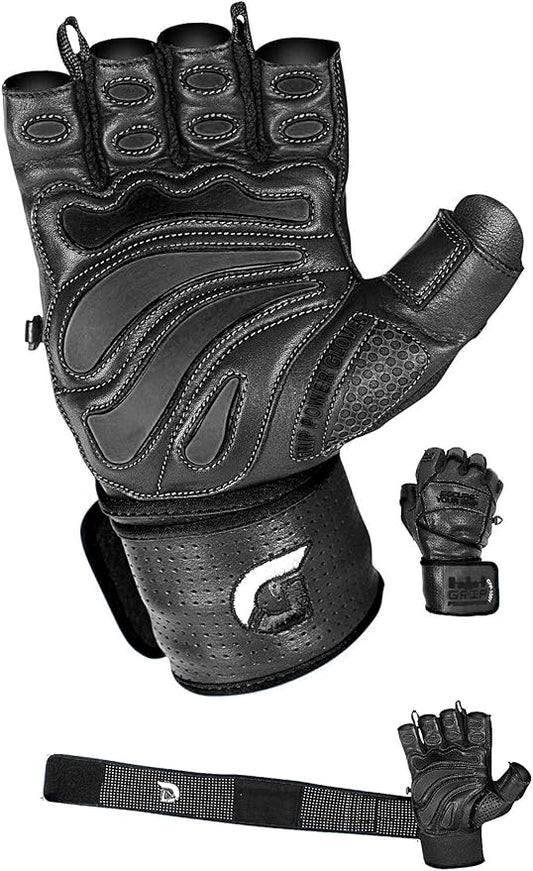 Elite Leather Gym Gloves with Built in 2" Wide Wrist Wraps Grip & Design for Weightlifting Power Lifting Bodybuilding & Strength Training Workout Exercises