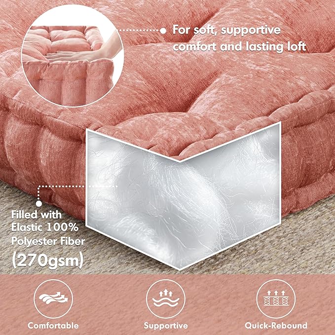 Intelligent Design Azza Floor Pillow, Large Seat Cushions for Adults, Floor Pillow for Meditation or Yoga, Lustrous Chenille Tufted, Scalloped Edges for Bench/Chair Cushion, 20"x20"x5", Dusty Peach