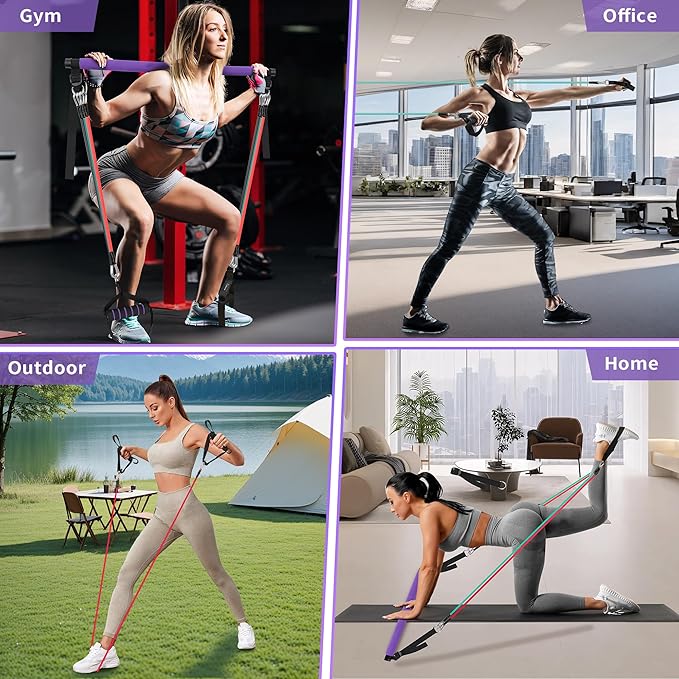 Portable Pilates Bar Kit with Resistance Bands for Men and Women - 3 Set Exercise Resistance Bands - Multifunctional Home Gym - Supports Full-Body Workouts β with Fitness Poster and Video