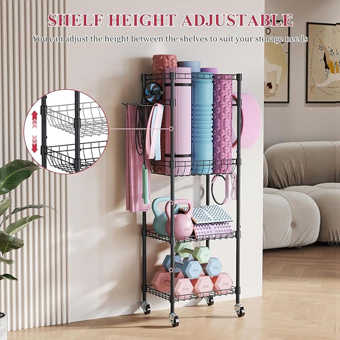 VOPEAK Home Gym Storage Rack with Wheels, Yoga Mat Storage Organizer for Kettlebells, Dumbbells, Resistance Bands, Space Saving Weight Rack for Home Gym, Garage, Easy to Install