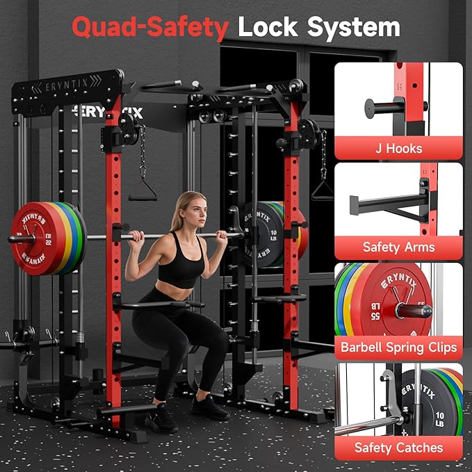 Smith Machine Power Rack, Eryntix All-in-One Power Cage with Cable Crossover, Squat Rack, LAT Pulldown & Pull-Up Bar, 2600LBS Capacity Home Gym Equipment with 18 Attachments for Strength Training