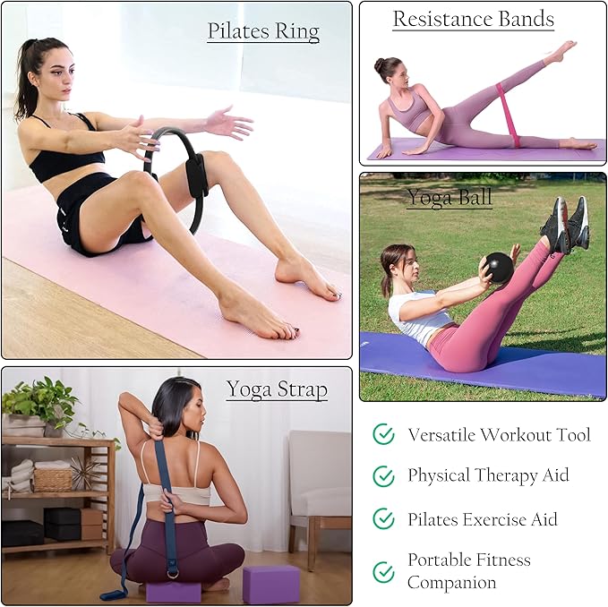 Pilates Ring Set – Magic Circle with Dual Padded Handles, Mini Exercise Ball & 5 Resistance Bands | Pilates Kit for Women | Home Workout Equipment for Full-Body Training & Fitness Set