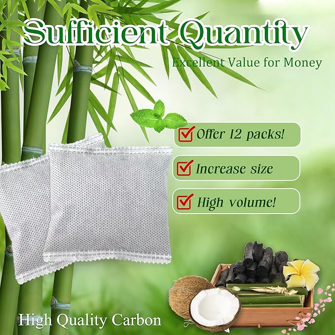 12 * 43g Larger Bag Activated Charcoal Odor Absorber Bags for Stainless Steel Litter Box with Lid, Natural Coconut shell Charcoal Bags, Absorb Odors/Control Damp from Pets/Keep Home Fresh