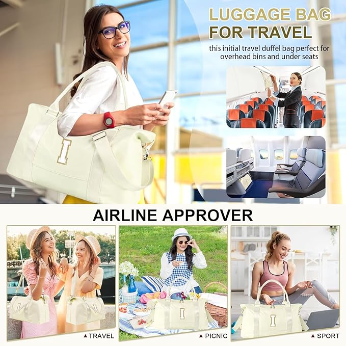 Dance Gym Duffel Bag for Teen Girls, Personalized Initial Travel Weekender Bag,Cute Overnight Carry On Duffle for Women,Sports Travel Cheer Bag,Monogram Christmas Gifts for Tween Preppy(beige-I)