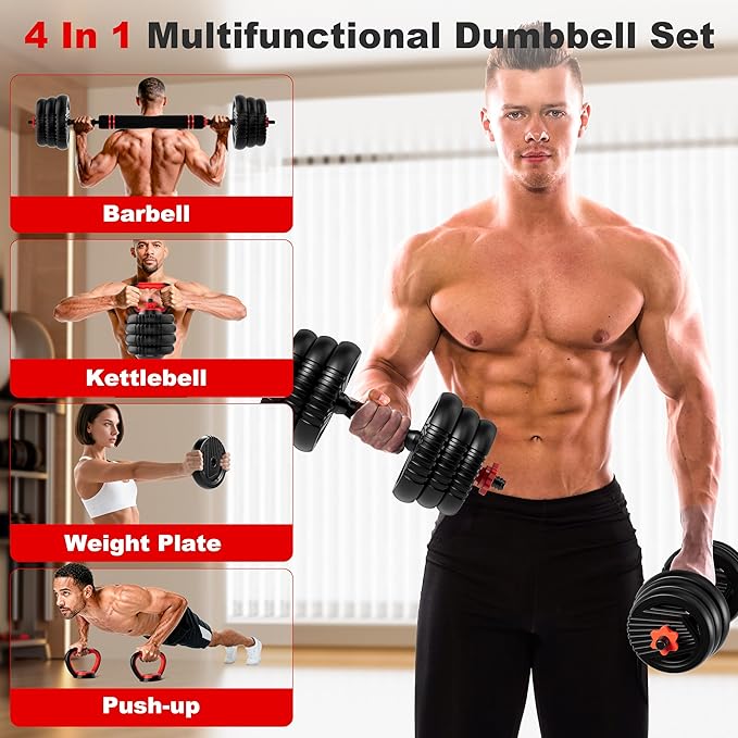 Adjustable Dumbbell Set, 10/20/30/45/70/90lbs Free Weight Set with Connector, 4 in1 Dumbbells Set Used as Barbell, Kettlebells, Push up Stand, Fitness Exercises for Home Gym Suitable Men/Women