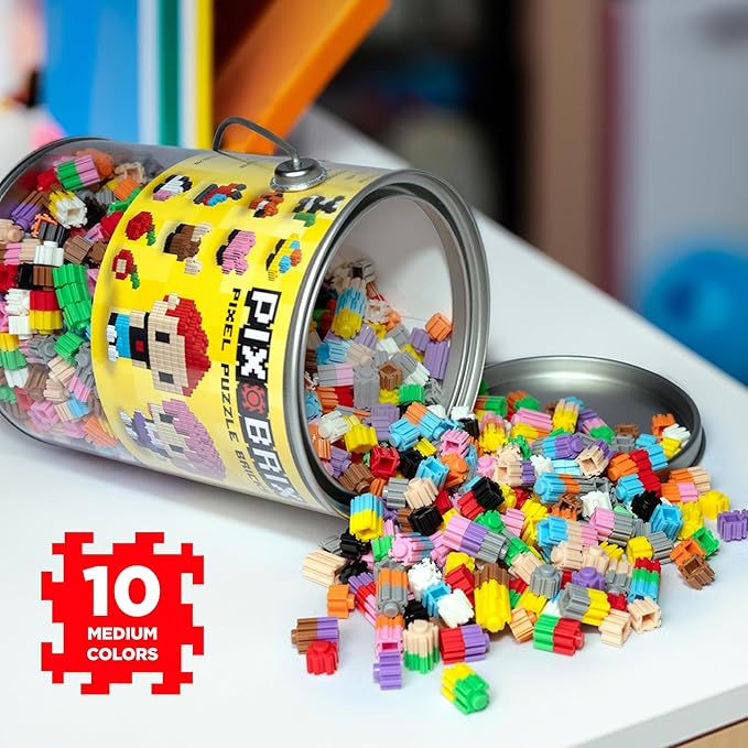 Pix Brix Pixel Art kit Puzzle Bucket - 1,500-Piece Kit with 10-Color Medium Palette – Patented Interlocking Building Bricks for 2D and 3D Creations – STEM Toy for Ages 6+