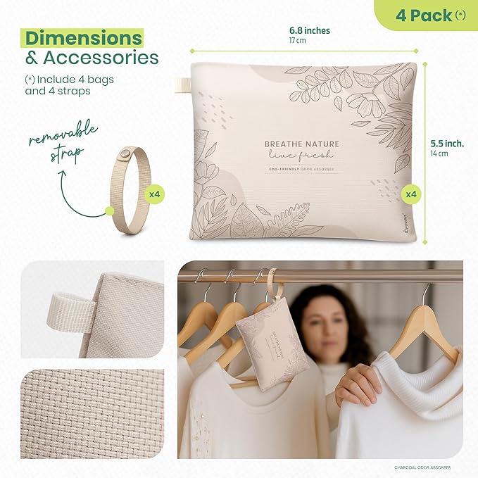 Roonin Charcoal Bags Odor Absorber - Activated Charcoal Bags For Cars - Bamboo Charcoal Air Purifying Bag - Odor Absorber For Home And Car (4-pack/200g)