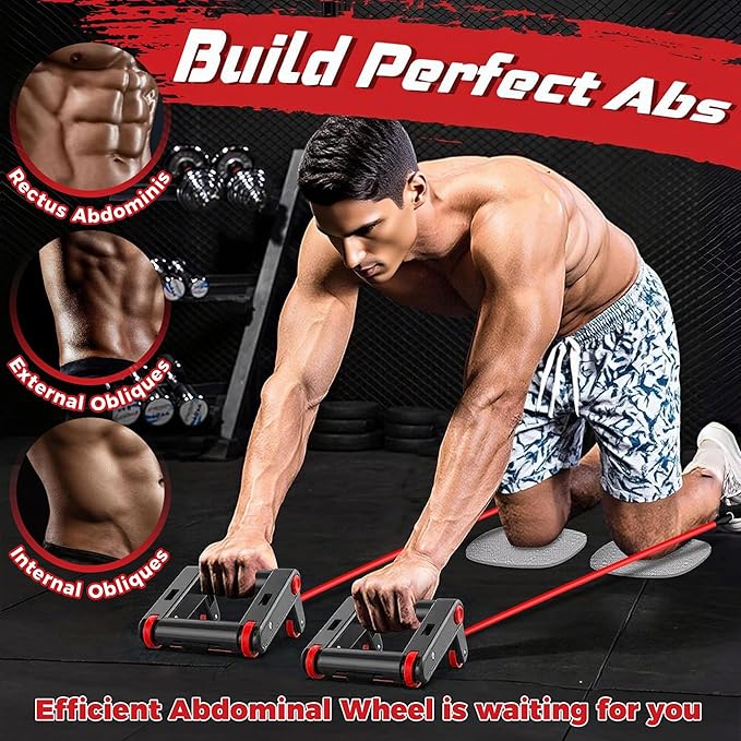 Heavy-Duty Push Up Bars & Ab Roller Wheel Set – 2-in-1 Core Strength Training Equipment for Home Gym, 500LB Capacity, Non-Slip Handles with Knee Pad for Men and Women