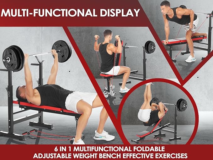 OPPSDECOR 8-in-1 Foldable Weight Bench Set with Squat Rack, Adjustable Bench Press Home Gym System for Full-Body Workout, Flat Incline Decline Sit Up Bench with Removable Foot Catch & Elastic Ropes