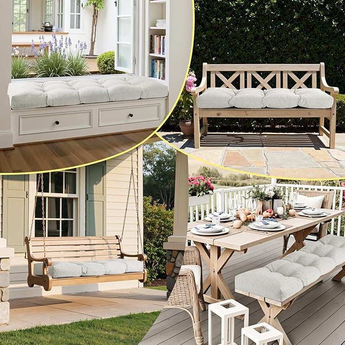 Waterproof Bench Cushion 42 Inch - Oliven Fabric, High-Density Foam, Non-Slip Bottom, Soft Durable Outdoor Tufted Long Seat Cushion for Window Garden Furniture (Beige Gray, 42x16x4 Inch)