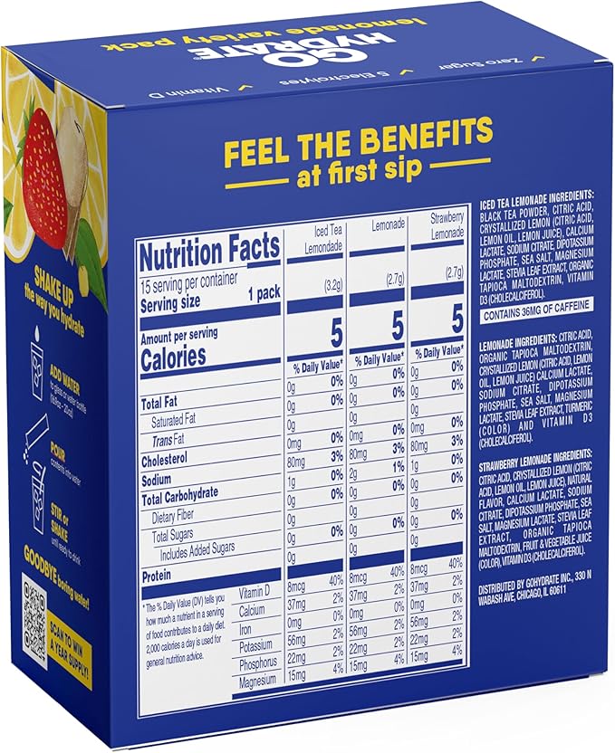 GoHydrate Instant Hydration Powder Packets - Low Sodium Electrolytes Drink Mix - Natural Hydration Support, Sugar Free Electrolyte Flavored Powder Drink with Vitamin D, 15 Packs, Lemonade Mixed