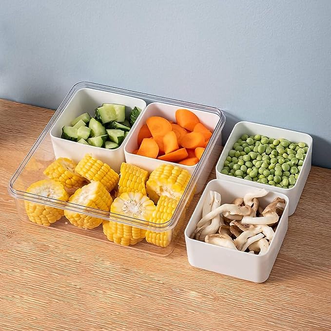 MineSign 3Pack Snackle Box Divided Veggie Serving Tray with Lid Salad Keeper with 4 Removable Boxes Stackable Refrigerator Organizer Bins Produce Saver for Meal Prep Fruit Vegetable Lunch Meat