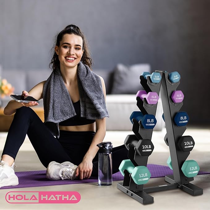 HolaHatha 2, 3, 5, 8, and 10 Pound Neoprene Dumbbell Free Hand Weight Set with Rack, Ideal for Home Exercises to Gain Tone and Definition, Pastel