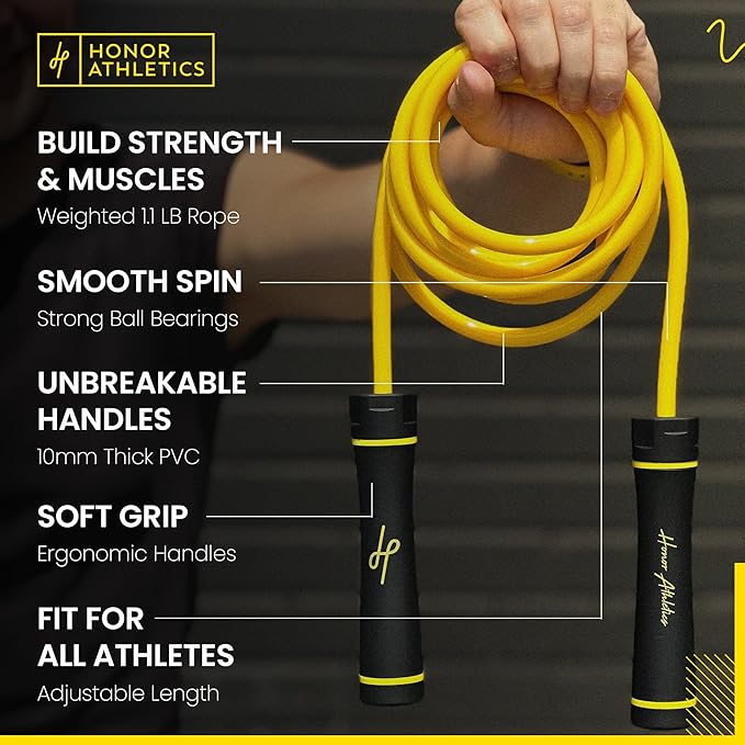 Honor Athletics - WEIGHTED 1.1lb HEAVY Jump Rope for High-Intensity and Strength Training - Adjustable 10ft PVC Rope with Ergonomic Grip, Ideal for Boxing, CrossFit, Muay Thai, MMA, and Fitness