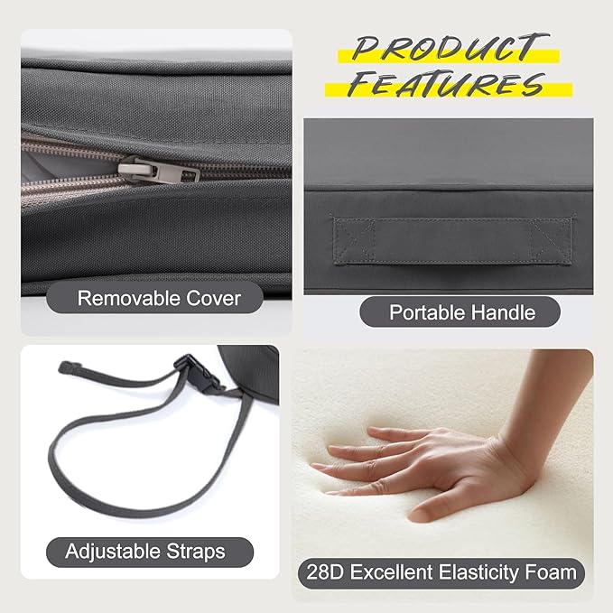 Favoyard Outdoor Bench Cushion 59 × 16 Inch Waterproof & Color Resistant Patio Benches Cushions for Garden Loveseat Swing Couch Furniture with Handle, Removable Cover and Adjustable Straps, Dark Grey