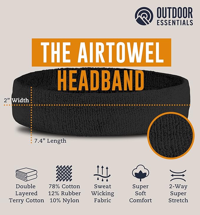 OutdoorEssentials Sweatbands & Wristbands - Wrist Sweat Bands Headbands for Men & Women - Multipack Terry Cloth Headbands or Wrist Bands for Working Out, Tennis, Basketball, Football, Gymnastics