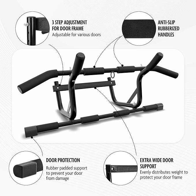 DMoose Fitness Pull Up Bar for Doorway - Upto 250 Lbs Capacity, No Screwing or Slipping, Hanging Pullup & Chin Up Bar for Door Frame - Multi Padded Grips for Strength Training with Installation Guide