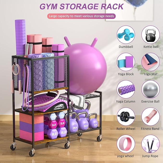 5 Tier Dumbbell Rack, Yoga Mat Storage Holder, Home Gym Storage Rack, Workout Equipment Storage Organizer, Weight Storage Holder Rack with Hooks and Wheels