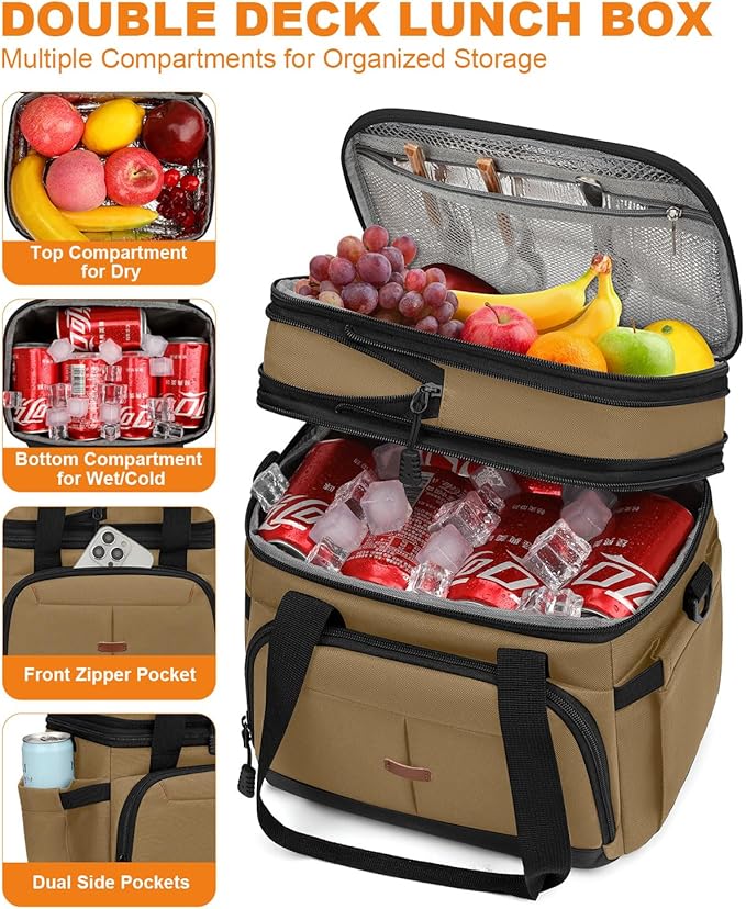 Lunch Box For Men Women Double Deck Insulated Lunch Bag For Men Woman Leakproof Expandable Cooler Bag with Adjustable Shoulder Strap for Work Picnic School(Khaki,Medium)