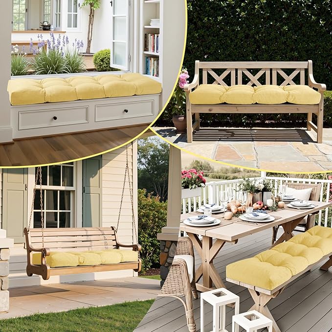 Waterproof Bench Cushion 36 Inch - Oliven Fabric, High-Density Foam, Non-Slip Bottom, Soft Durable Outdoor Tufted Long Seat Cushion for Window Garden Furniture (Yellow, 36x14x4 Inch)
