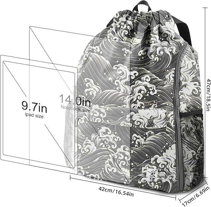 Drawstring Backpack with Mesh Pockets String Gym Bag Sackpack Sandproof Water Resistant Beach Backpack for Men Women