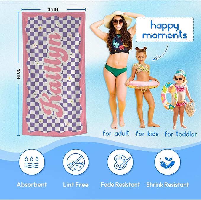 JML Personalized Beach Towel with Name, Custom Flower Beach Towel, Customized Microfiber Pool Towel, Quick Dry & Absorbent Swim Towel for Adult,Anniversary, Birthday, Summer Holiday,Vacation