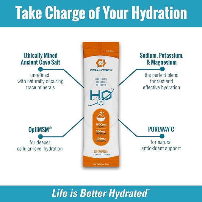 Cellutrex® H2O Electrolytes – Electrolyte Powder Drink Mix, Zero Sugar, Natural Salt Hydration Packets for Recovery and Wellness, Orange, 20 Sticks