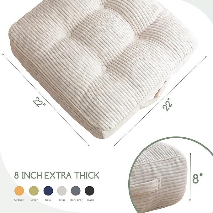 8" Washable Floor Pillow Cushion for Adults, Meditation Cushion Pillow, Large Square Floor Sitting, Removable Tufted Corduroy Cover, for Tatami Living Room or Yoga, 22x22 Inch, 2Pack, Machine Washable